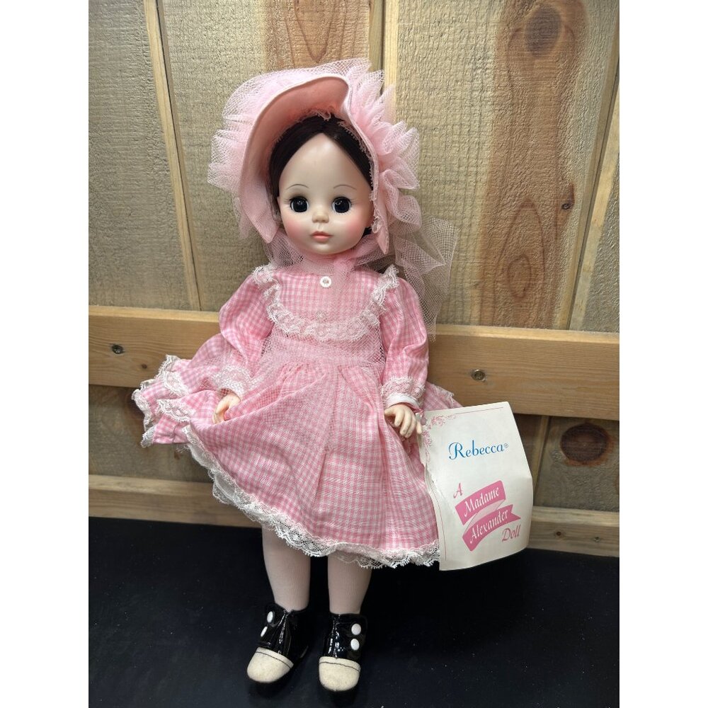 Madame Alexander 1965 Rebecca Doll 14" In Pink Gingham Dress & Bonnet With Black